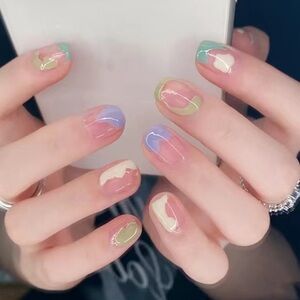 Acrylic Short Natural Pastel Abstract Art Manicure Rainbow Nails Professional